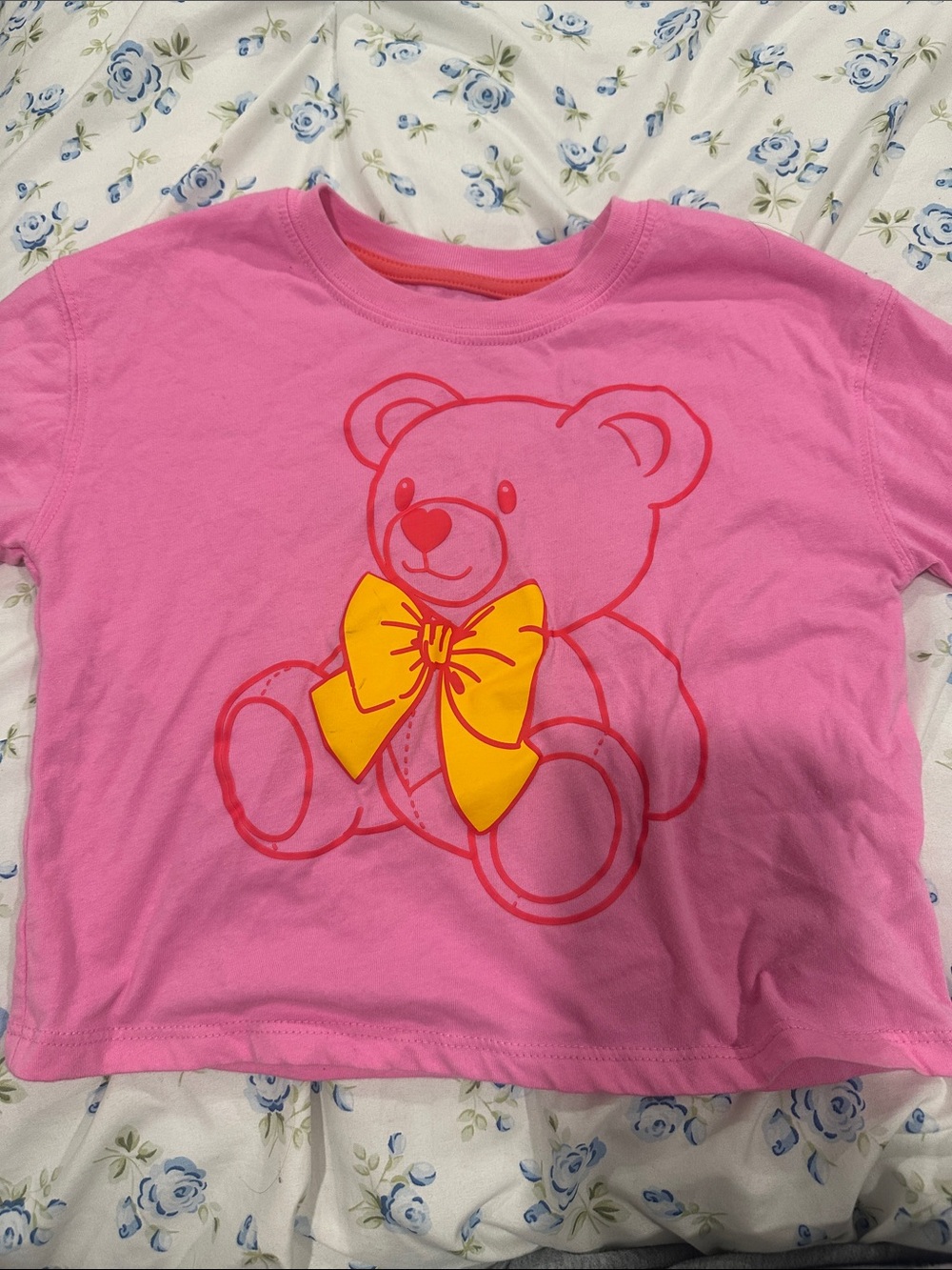 Pink Teddy Graphic Tee with Yellow Bow